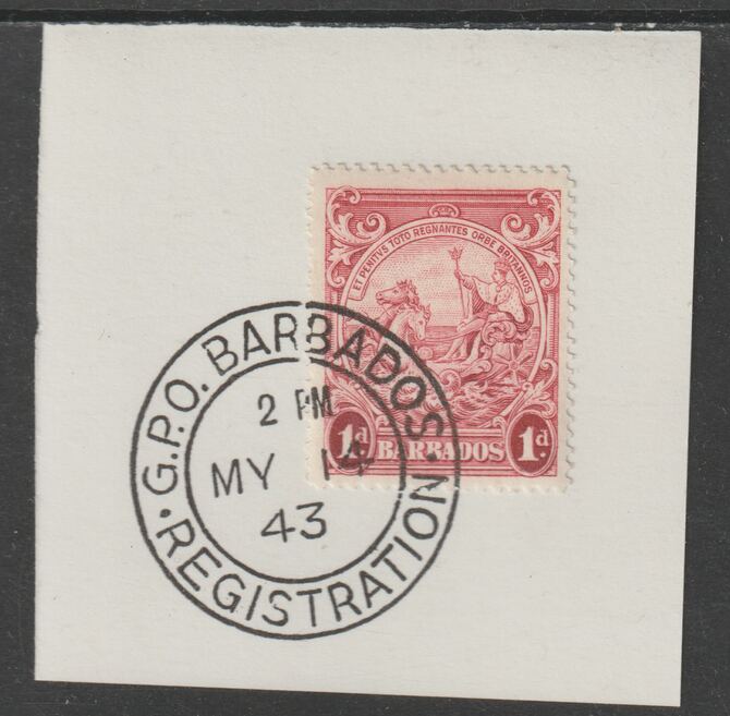 Barbados 1938 KG6 Britannia 1d scarleton piece with full strike of Madame Joseph forged postmark type 47, stamps on , stamps on  stamps on , stamps on  stamps on  kg5 , stamps on  stamps on forgery, stamps on  stamps on madame joseph