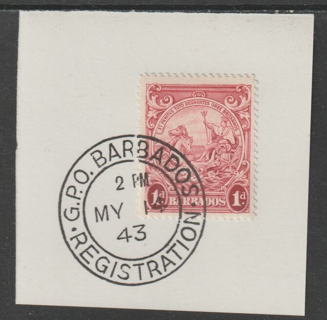 Barbados 1938 KG6 Britannia 1d scarlet on piece with full strike of Madame Joseph forged postmark type 47, stamps on , stamps on  kg6 , stamps on forgery, stamps on madame joseph