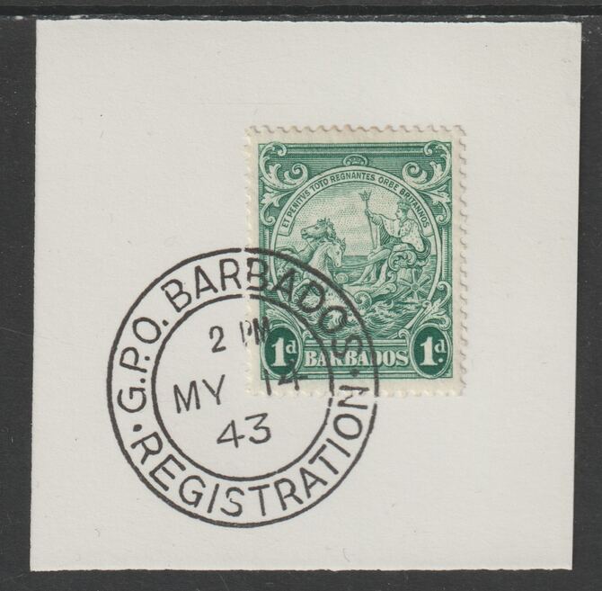 Barbados 1938 KG6 Britannia 1d blue-green on piece with full strike of Madame Joseph forged postmark type 47, stamps on , stamps on  kg6 , stamps on forgery, stamps on madame joseph