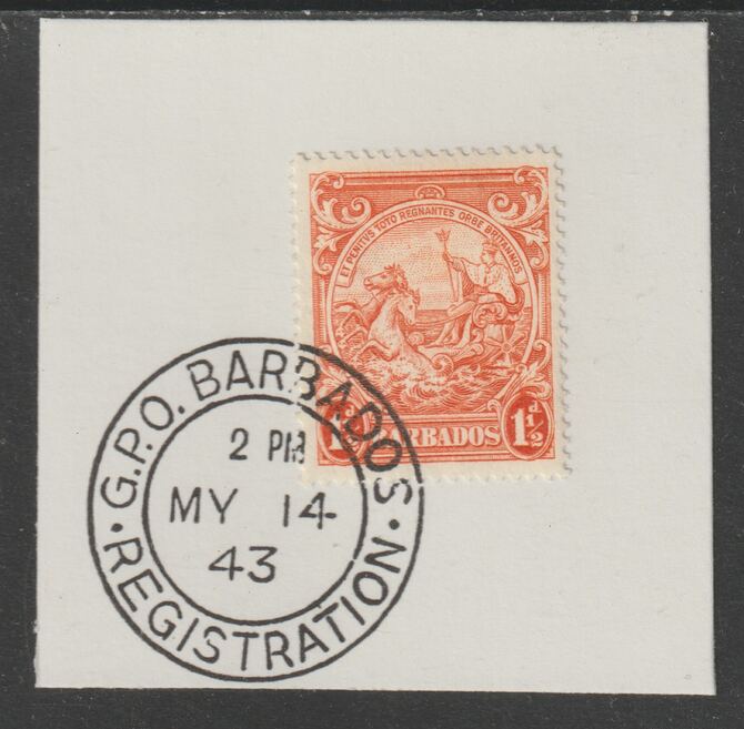 Barbados 1938 KG6 Britannia 1.5d orange on piece with full strike of Madame Joseph forged postmark type 47, stamps on , stamps on  stamps on , stamps on  stamps on  kg5 , stamps on  stamps on forgery, stamps on  stamps on madame joseph
