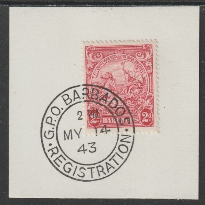 Barbados 1938 KG6 Britannia 2d red on piece with full strike of Madame Joseph forged postmark type 47, stamps on , stamps on  stamps on , stamps on  stamps on  kg5 , stamps on  stamps on forgery, stamps on  stamps on madame joseph