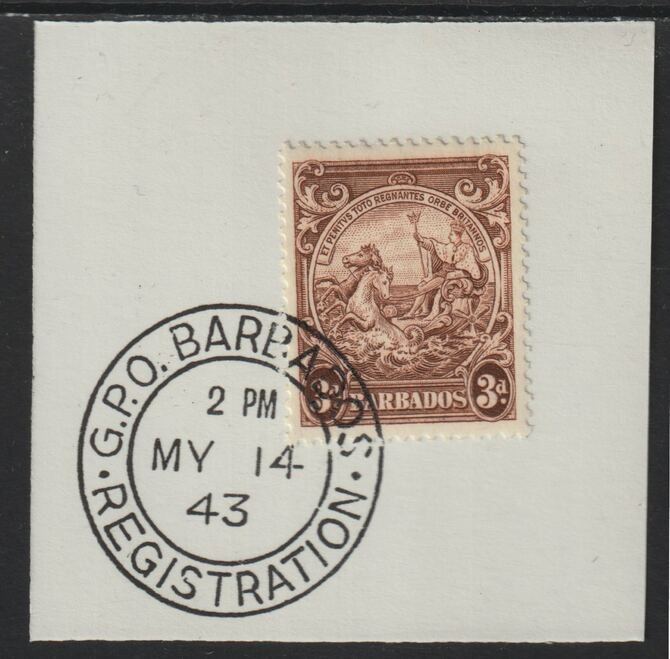 Barbados 1938 KG6 Britannia 3d brown on piece with full strike of Madame Joseph forged postmark type 47, stamps on , stamps on  stamps on , stamps on  stamps on  kg5 , stamps on  stamps on forgery, stamps on  stamps on madame joseph