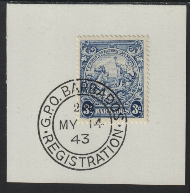 Barbados 1938 KG6 Britannia 3d blue on piece with full strike of Madame Joseph forged postmark type 47, stamps on , stamps on  stamps on , stamps on  stamps on  kg5 , stamps on  stamps on forgery, stamps on  stamps on madame joseph