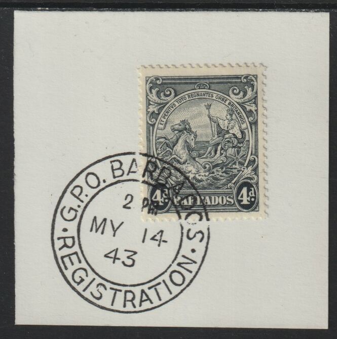 Barbados 1938 KG6 Britannia 4d black on piece with full strike of Madame Joseph forged postmark type 47, stamps on , stamps on  stamps on , stamps on  stamps on  kg5 , stamps on  stamps on forgery, stamps on  stamps on madame joseph