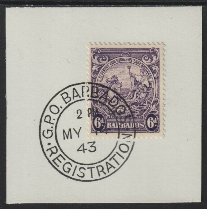 Barbados 1938 KG6 Britannia 6d violet on piece with full strike of Madame Joseph forged postmark type 47, stamps on , stamps on  stamps on , stamps on  stamps on  kg5 , stamps on  stamps on forgery, stamps on  stamps on madame joseph