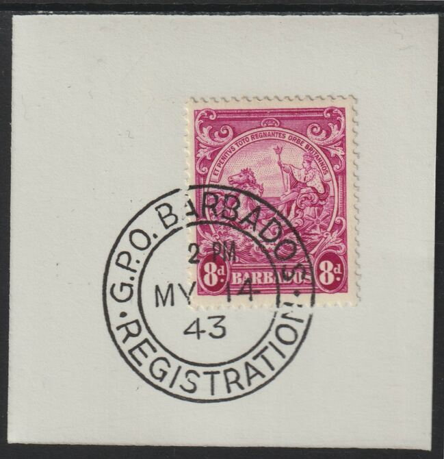 Barbados 1938 KG6 Britannia 8d magenta on piece with full strike of Madame Joseph forged postmark type 47, stamps on , stamps on  stamps on , stamps on  stamps on  kg5 , stamps on  stamps on forgery, stamps on  stamps on madame joseph