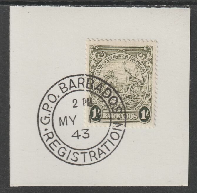 Barbados 1938 KG6 Britannia 1s olive-green on piece with full strike of Madame Joseph forged postmark type 47, stamps on , stamps on  stamps on , stamps on  stamps on  kg5 , stamps on  stamps on forgery, stamps on  stamps on madame joseph