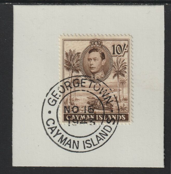 Cayman Islands 1938 KG6 Pictorial def 10s carmine (Schooner) on piece with full strike of Madame Joseph forged postmark type 116 or 118, stamps on , stamps on  stamps on forgery, stamps on  stamps on madame joseph