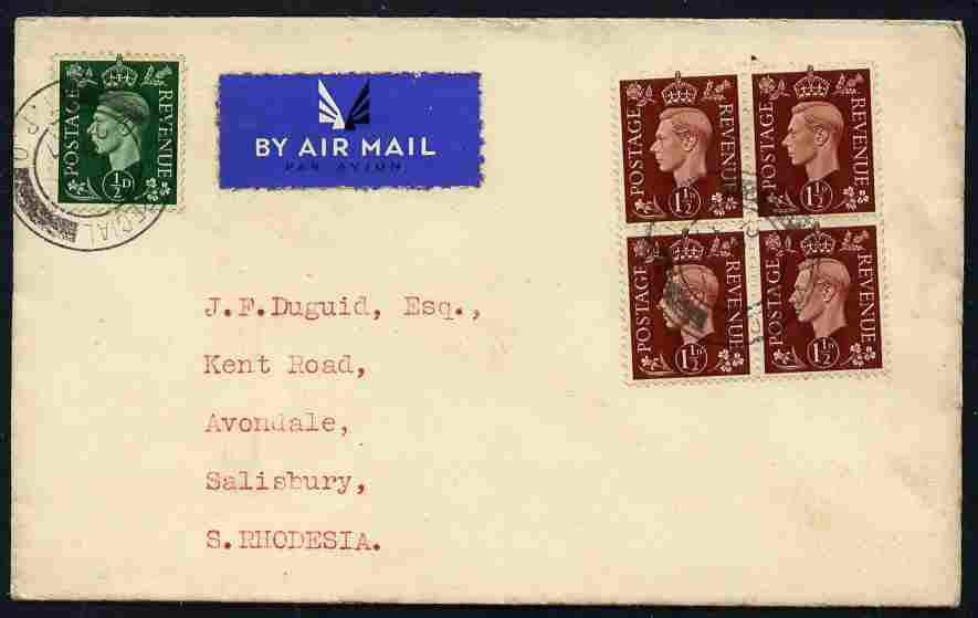 Great Britain 1937 KG6 1.5d block of 4 plus 1/2d on airmail cover to S Rhodesia with clear TPO postmark of 29th July - one day before issue, stamps on , stamps on  kg6 , stamps on 
