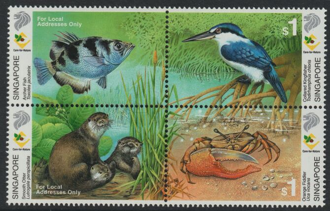 Singapore 2000 Wetland Wildlife perf set of 4 unmounted mint, SG 1060-63, stamps on , stamps on  stamps on fish, stamps on  stamps on birds, stamps on  stamps on kingfishers, stamps on  stamps on otters, stamps on  stamps on crabs