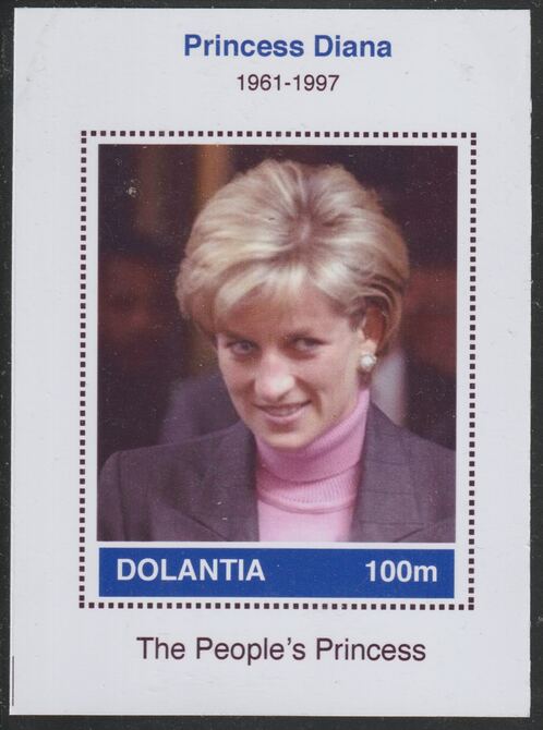 Dolantia (Fantasy) Princess Diana imperf deluxe sheetlet on glossy card (75 x 103 mm) unmounted mint, stamps on personalities, stamps on diana, stamps on royalty