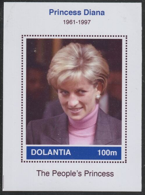 Dolantia (Fantasy) Princess Diana imperf deluxe sheetlet on glossy card (75 x 103 mm) unmounted mint, stamps on , stamps on  stamps on personalities, stamps on  stamps on diana, stamps on  stamps on royalty