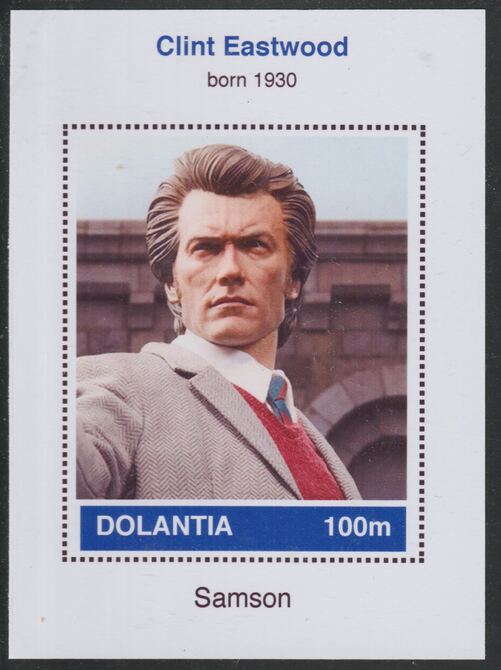 Dolantia (Fantasy) Clint Eastwood imperf deluxe sheetlet on glossy card (75 x 103 mm) unmounted mint, stamps on , stamps on  stamps on personalities, stamps on  stamps on films, stamps on  stamps on movies, stamps on  stamps on cinema, stamps on  stamps on eastwood