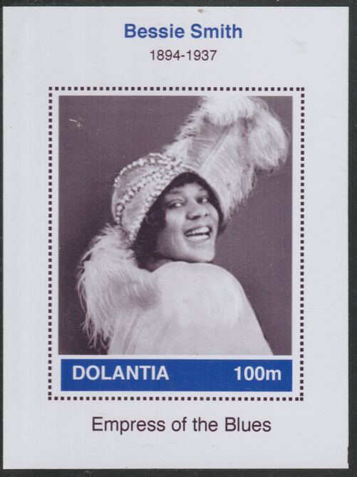 Dolantia (Fantasy) Bessie Smith imperf deluxe sheetlet on glossy card (75 x 103 mm) unmounted mint, stamps on personalities, stamps on music, stamps on blues, stamps on smith