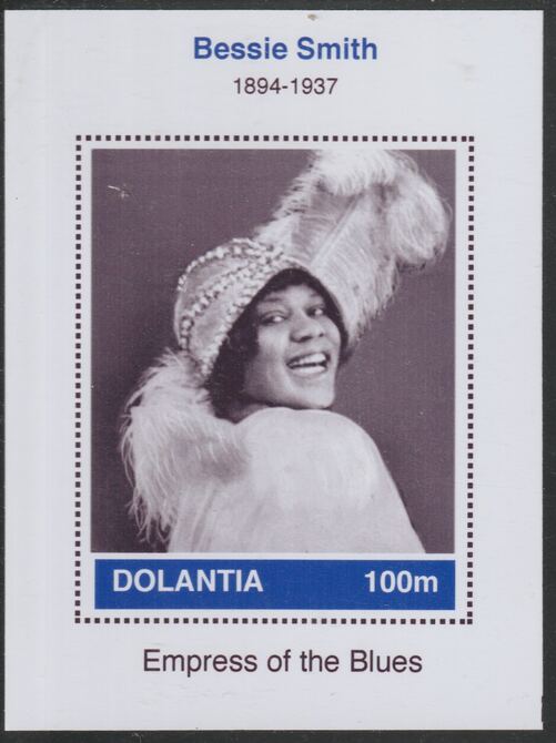 Dolantia (Fantasy) Bessie Smith imperf deluxe sheetlet on glossy card (75 x 103 mm) unmounted mint, stamps on , stamps on  stamps on personalities, stamps on  stamps on music, stamps on  stamps on blues, stamps on  stamps on smith