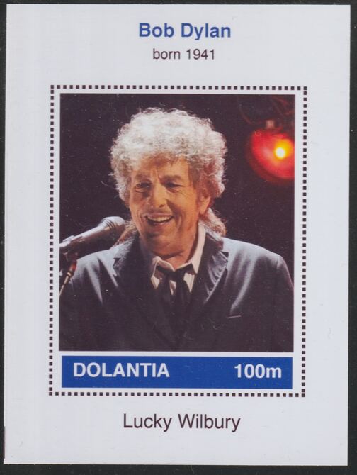 Dolantia (Fantasy) Bob Dylan imperf deluxe sheetlet on glossy card (75 x 103 mm) unmounted mint, stamps on , stamps on  stamps on personalities, stamps on  stamps on music, stamps on  stamps on rock, stamps on  stamps on pops, stamps on  stamps on dylan