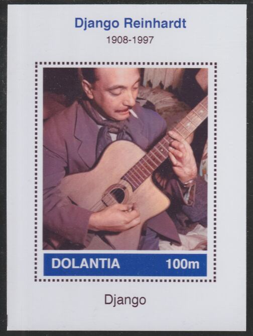 Dolantia (Fantasy) Django Reinhardt imperf deluxe sheetlet on glossy card (75 x 103 mm) unmounted mint, stamps on , stamps on  stamps on personalities, stamps on  stamps on music, stamps on  stamps on jazz, stamps on  stamps on djangoâˆ‚