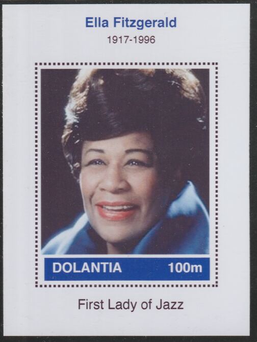 Dolantia (Fantasy) Ella Fitzgerald imperf deluxe sheetlet on glossy card (75 x 103 mm) unmounted mint, stamps on personalities, stamps on music, stamps on jazz, stamps on ella