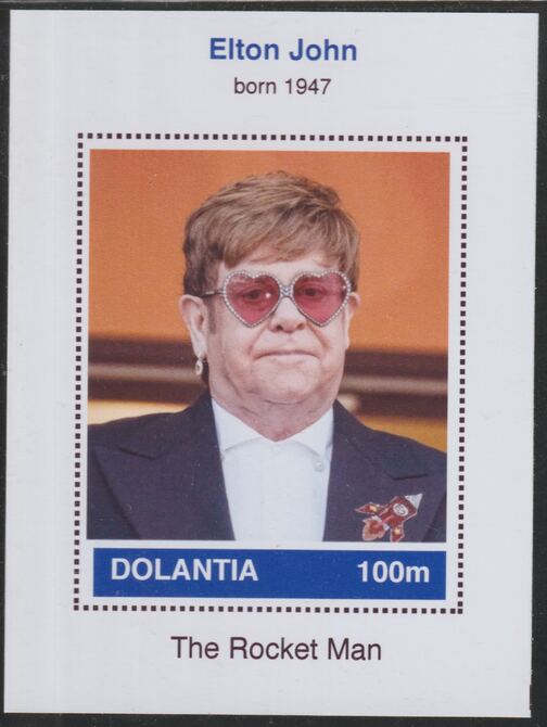 Dolantia (Fantasy) Elton John imperf deluxe sheetlet on glossy card (75 x 103 mm) unmounted mint, stamps on personalities, stamps on music, stamps on rock, stamps on pops, stamps on 
