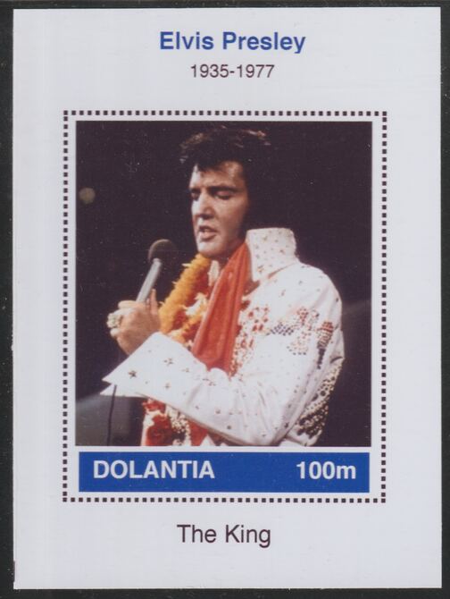 Dolantia (Fantasy) Elvis Presley imperf deluxe sheetlet on glossy card (75 x 103 mm) unmounted mint, stamps on , stamps on  stamps on personalities, stamps on  stamps on music, stamps on  stamps on rock, stamps on  stamps on pops, stamps on  stamps on elvis