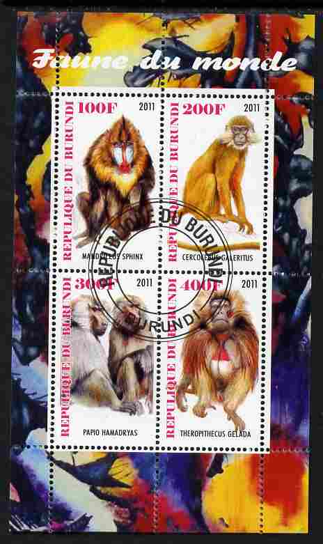 Burundi 2011 Fauna of the World - Monkeys perf sheetlet containing 4 values fine cto used, stamps on animals, stamps on apes, stamps on monkeys