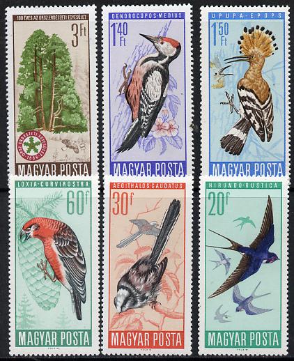 Hungary 1966 Protection of Birds perf set of 6 unmounted mint, SG 2184-89, Mi 2231-36, stamps on , stamps on  stamps on birds    trees     woodpecker     hoopoe    swallow    tit    crossbill    lapwing