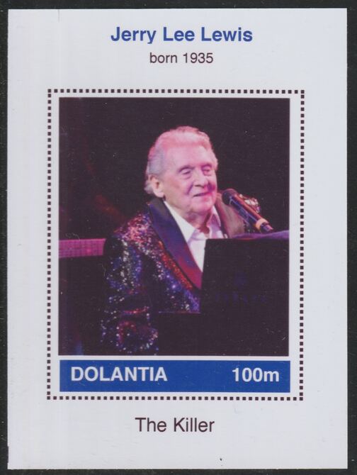 Dolantia (Fantasy) Jerry Lee Lewis imperf deluxe sheetlet on glossy card (75 x 103 mm) unmounted mint, stamps on personalities, stamps on music, stamps on country, stamps on rock, stamps on lewis