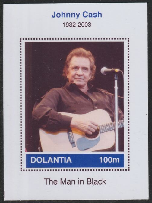 Dolantia (Fantasy) Johnny Cash imperf deluxe sheetlet on glossy card (75 x 103 mm) unmounted mint, stamps on personalities, stamps on music, stamps on country, stamps on cash