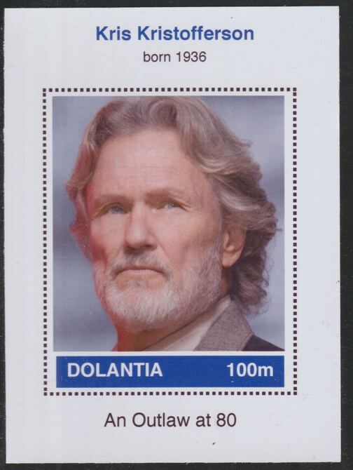 Dolantia (Fantasy) Kris Kristofferson imperf deluxe sheetlet on glossy card (75 x 103 mm) unmounted mint, stamps on , stamps on  stamps on personalities, stamps on  stamps on music, stamps on  stamps on country, stamps on  stamps on kristofferson