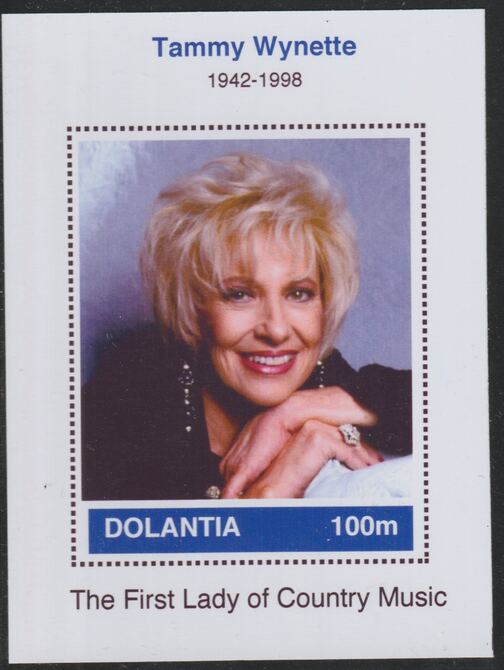 Dolantia (Fantasy) Tammy Wynette imperf deluxe sheetlet on glossy card (75 x 103 mm) unmounted mint, stamps on , stamps on  stamps on personalities, stamps on  stamps on music, stamps on  stamps on country, stamps on  stamps on wynette