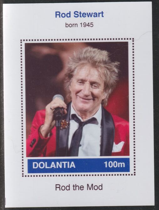 Dolantia (Fantasy) Rod Stewart imperf deluxe sheetlet on glossy card (75 x 103 mm) unmounted mint, stamps on personalities, stamps on music, stamps on rock, stamps on pops, stamps on stewart
