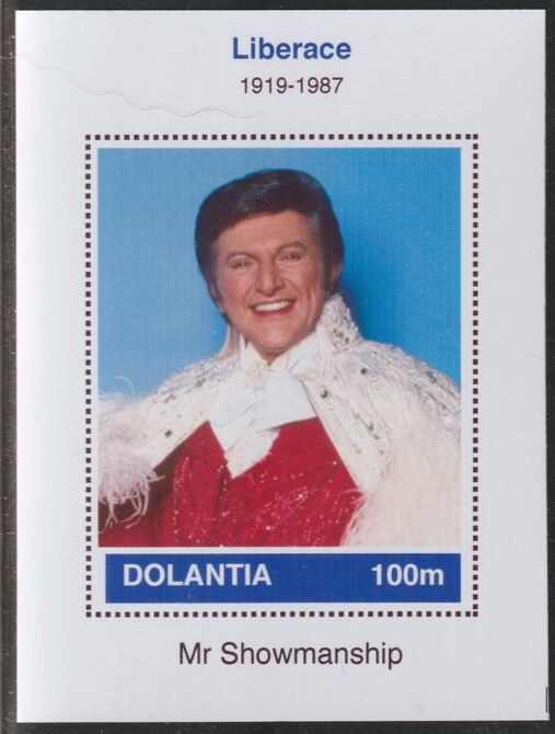 Dolantia (Fantasy) Liberace imperf deluxe sheetlet on glossy card (75 x 103 mm) unmounted mint, stamps on , stamps on  stamps on personalities, stamps on  stamps on music, stamps on  stamps on liberace
