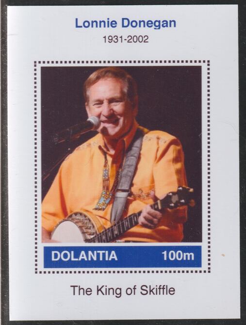 Dolantia (Fantasy) Lonnie Donegan imperf deluxe sheetlet on glossy card (75 x 103 mm) unmounted mint, stamps on personalities, stamps on music, stamps on donegan