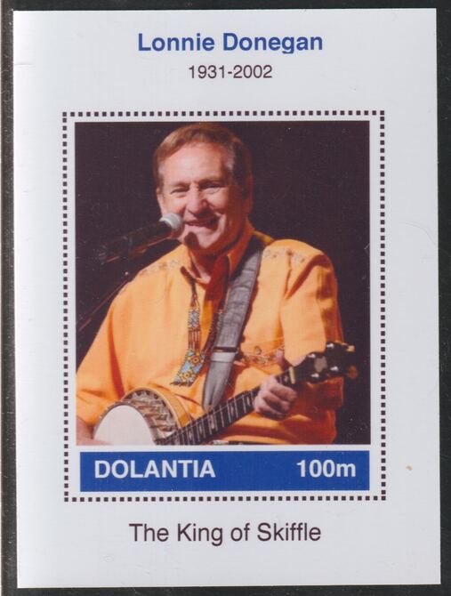 Dolantia (Fantasy) Lonnie Donegan imperf deluxe sheetlet on glossy card (75 x 103 mm) unmounted mint, stamps on , stamps on  stamps on personalities, stamps on  stamps on music, stamps on  stamps on donegan