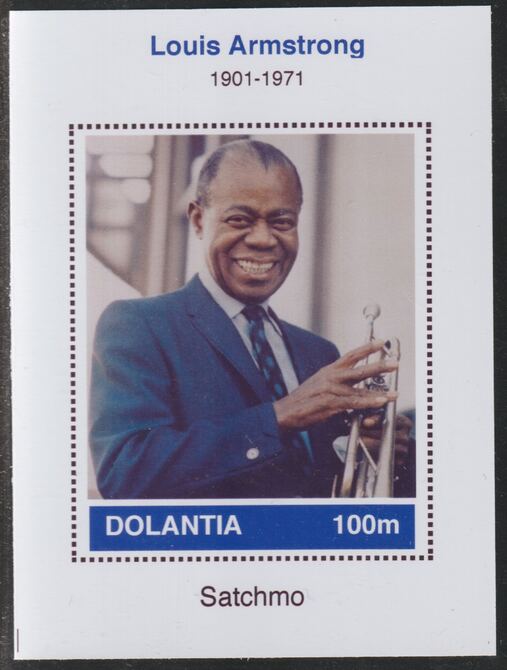 Dolantia (Fantasy) Louis Armstrong imperf deluxe sheetlet on glossy card (75 x 103 mm) unmounted mint, stamps on , stamps on  stamps on personalities, stamps on  stamps on music, stamps on  stamps on jazz, stamps on  stamps on armstrong