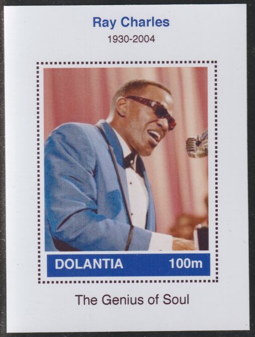 Dolantia (Fantasy) Ray Charles imperf deluxe sheetlet on glossy card (75 x 103 mm) unmounted mint, stamps on personalities, stamps on music, stamps on jazz, stamps on blues, stamps on charles