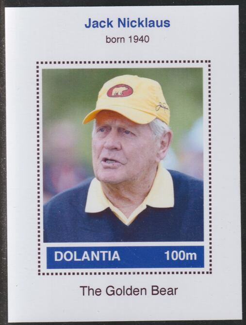 Dolantia (Fantasy) Jack Nicklaus imperf deluxe sheetlet on glossy card (75 x 103 mm) unmounted mint, stamps on , stamps on  stamps on personalities, stamps on  stamps on sport, stamps on  stamps on golf, stamps on  stamps on nicklaus