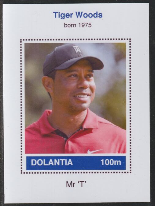Dolantia (Fantasy) Tiger Woods imperf deluxe sheetlet on glossy card (75 x 103 mm) unmounted mint, stamps on personalities, stamps on sport, stamps on golf, stamps on woods