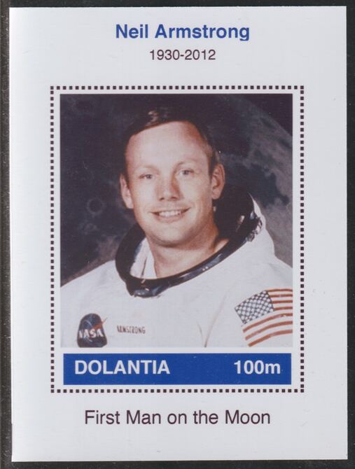 Dolantia (Fantasy) Neil Armstrong imperf deluxe sheetlet on glossy card (75 x 103 mm) unmounted mint, stamps on , stamps on  stamps on personalities, stamps on  stamps on space, stamps on  stamps on armstrong