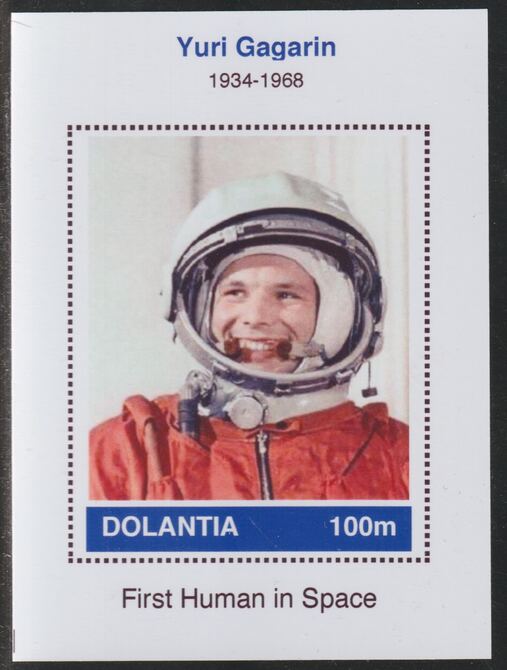 Dolantia (Fantasy) Yuri Gagarin imperf deluxe sheetlet on glossy card (75 x 103 mm) unmounted mint, stamps on , stamps on  stamps on personalities, stamps on  stamps on space, stamps on  stamps on gagarin