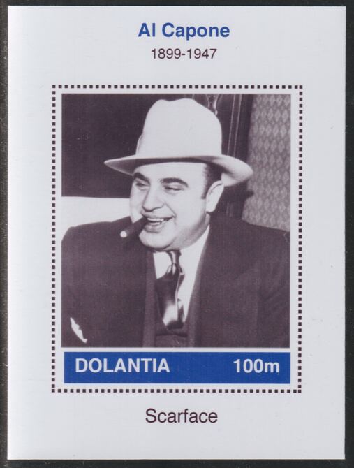 Dolantia (Fantasy) Al Capone imperf deluxe sheetlet on glossy card (75 x 103 mm) unmounted mint, stamps on personalities, stamps on capone
