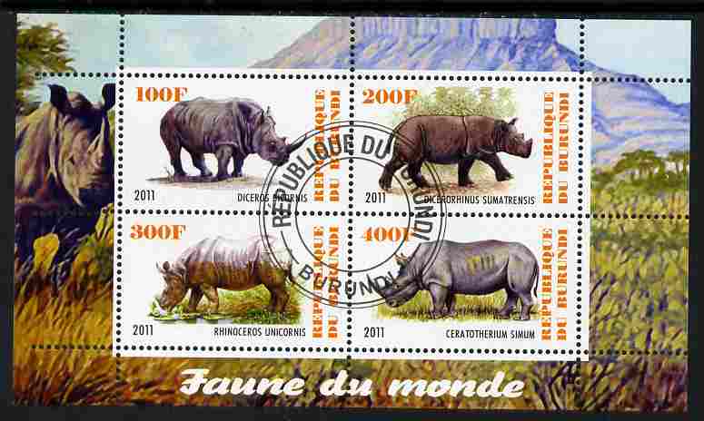 Burundi 2011 Fauna of the World - Rhinoceros perf sheetlet containing 4 values fine cto used, stamps on , stamps on  stamps on animals, stamps on  stamps on rhinos, stamps on  stamps on rhinoceros