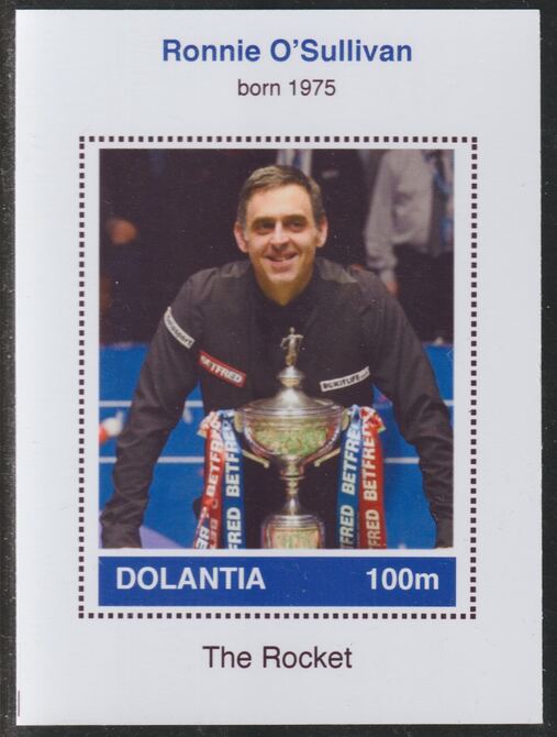 Dolantia (Fantasy) Ronnie O'Sulivan imperf deluxe sheetlet on glossy card (75 x 103 mm) unmounted mint, stamps on , stamps on  stamps on personalities, stamps on  stamps on sport, stamps on  stamps on snooker