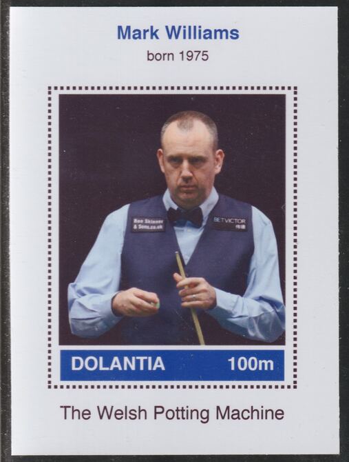 Dolantia (Fantasy) Mark Williams imperf deluxe sheetlet on glossy card (75 x 103 mm) unmounted mint, stamps on personalities, stamps on sport, stamps on snooker