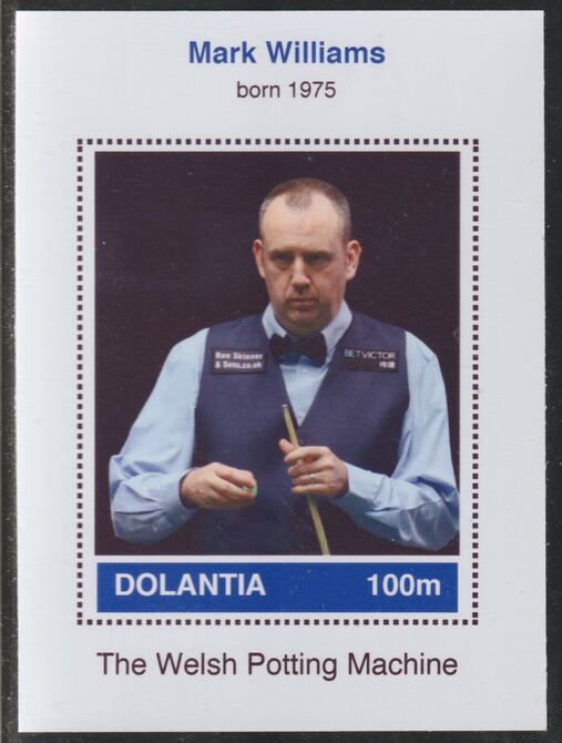 Dolantia (Fantasy) Mark Williams imperf deluxe sheetlet on glossy card (75 x 103 mm) unmounted mint, stamps on , stamps on  stamps on personalities, stamps on  stamps on sport, stamps on  stamps on snooker