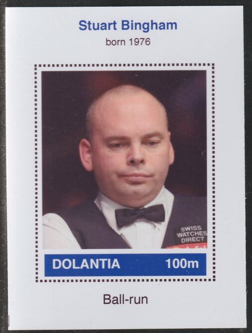 Dolantia (Fantasy) Stuart Bingham imperf deluxe sheetlet on glossy card (75 x 103 mm) unmounted mint, stamps on personalities, stamps on sport, stamps on snooker