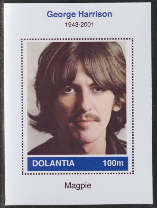 Dolantia (Fantasy) George Harrison imperf deluxe sheetlet on glossy card (75 x 103 mm) unmounted mint, stamps on , stamps on  stamps on personalities, stamps on  stamps on music, stamps on  stamps on rock, stamps on  stamps on pops, stamps on  stamps on beatles