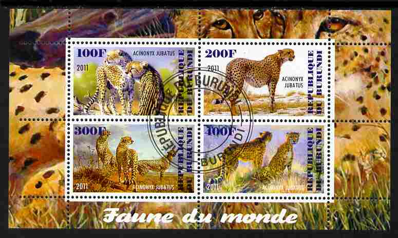 Burundi 2011 Fauna of the World - Cheetahs perf sheetlet containing 4 values fine cto used, stamps on animals, stamps on cats, stamps on cheetahs