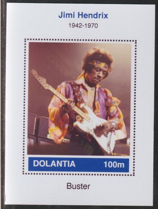 Dolantia (Fantasy) Jimi Hendrix imperf deluxe sheetlet on glossy card (75 x 103 mm) unmounted mint, stamps on personalities, stamps on music, stamps on rock, stamps on pops, stamps on hendrix
