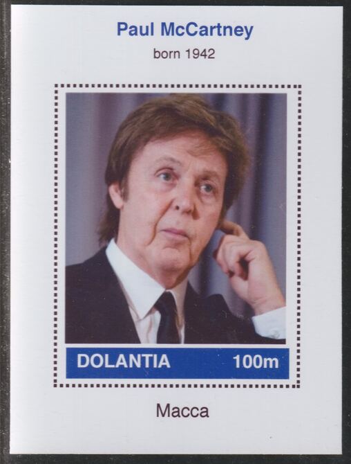 Dolantia (Fantasy) Paul McCartney imperf deluxe sheetlet on glossy card (75 x 103 mm) unmounted mint, stamps on , stamps on  stamps on personalities, stamps on  stamps on music, stamps on  stamps on rock, stamps on  stamps on pops, stamps on  stamps on mccartney, stamps on  stamps on beatles